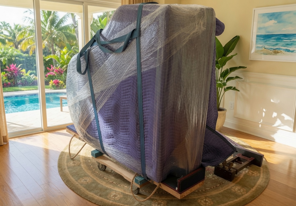 Grand piano fully padded, stretch-wrapped, strapped, and secured on a piano board dolly during a Great Moving & Packing move in Southwest Florida